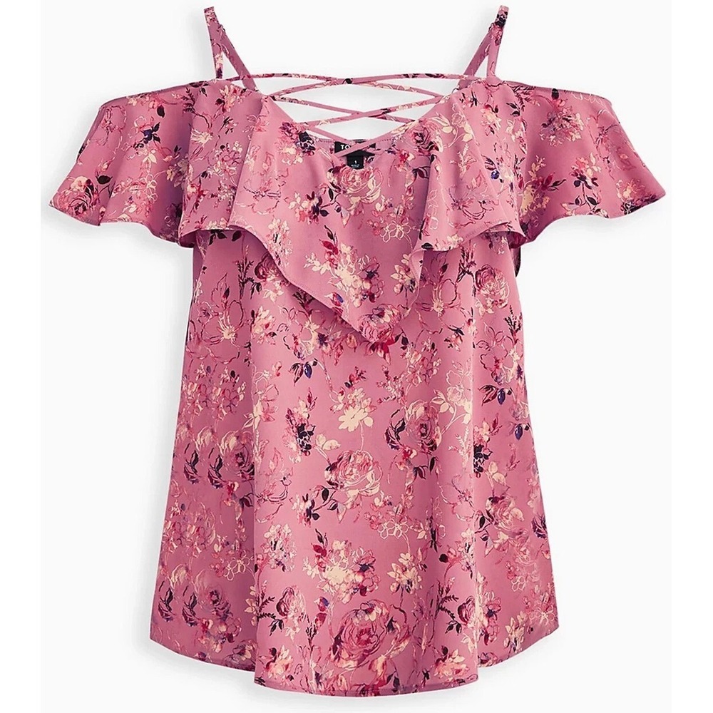 Torrid Georgette Floral Cold Shoulder Ruffle Lace Up Blouse 00 M/L 10 Dusty Rose
